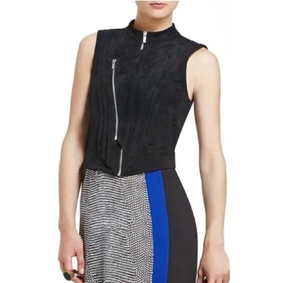 BCBGMaxAzria Black Faux Suede Pleated Damien Zip-Up Vest size XXS - Picture 1 of 13